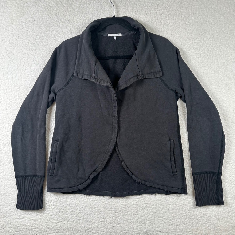 James Perse Fleece Jacket Womens L Shawl Collar Black Distressed Loungewear